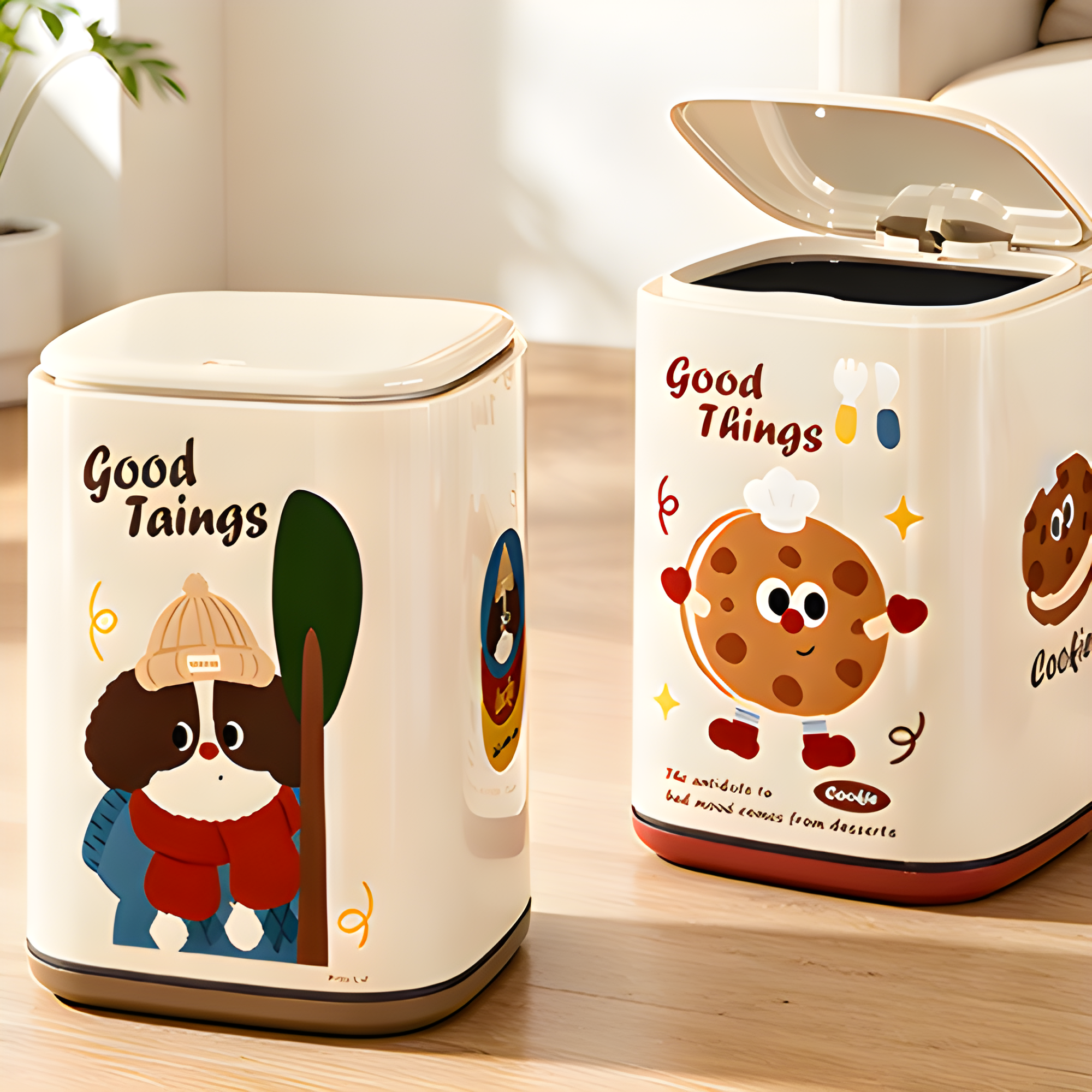 Cartoon Character Square Trash Can with Flip-Top Lid | Beige & Brown