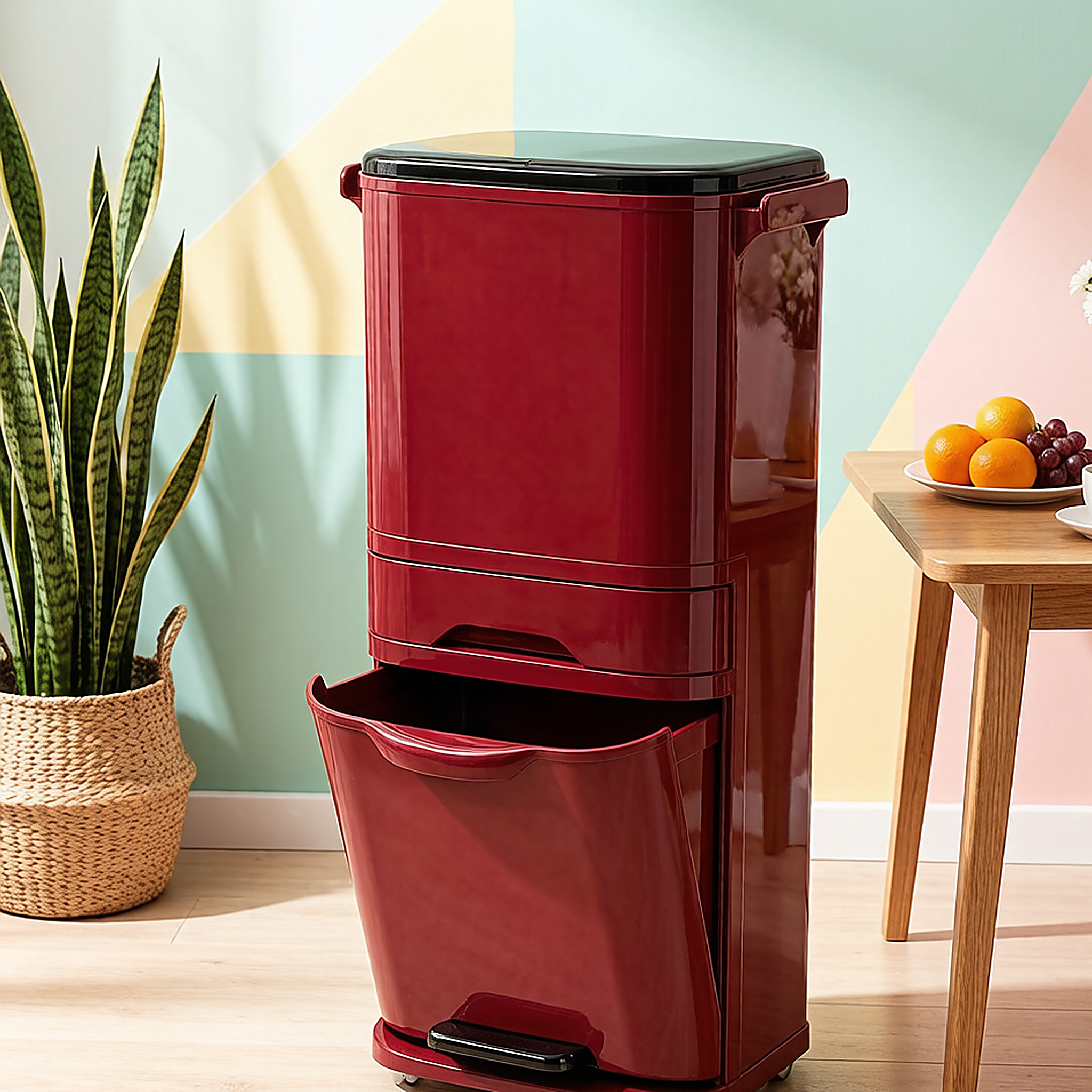 Classic Vertical Double-Layer Trash Can with Foot Pedal & Wheels | Burgundy & Cream