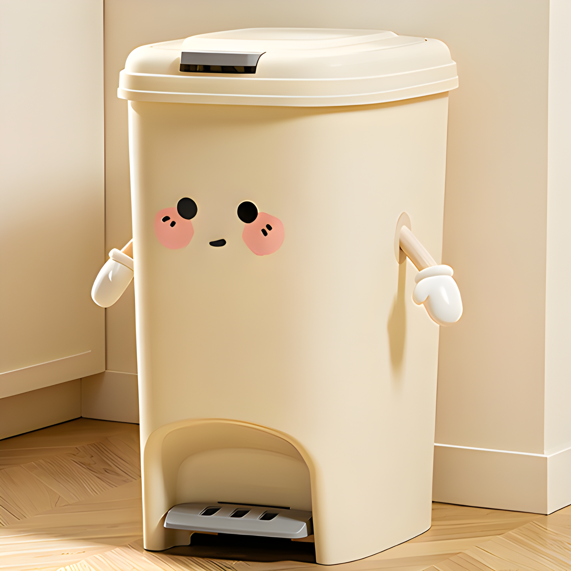 Cartoon Arms Step Trash Can with Glove Handles | Cream
