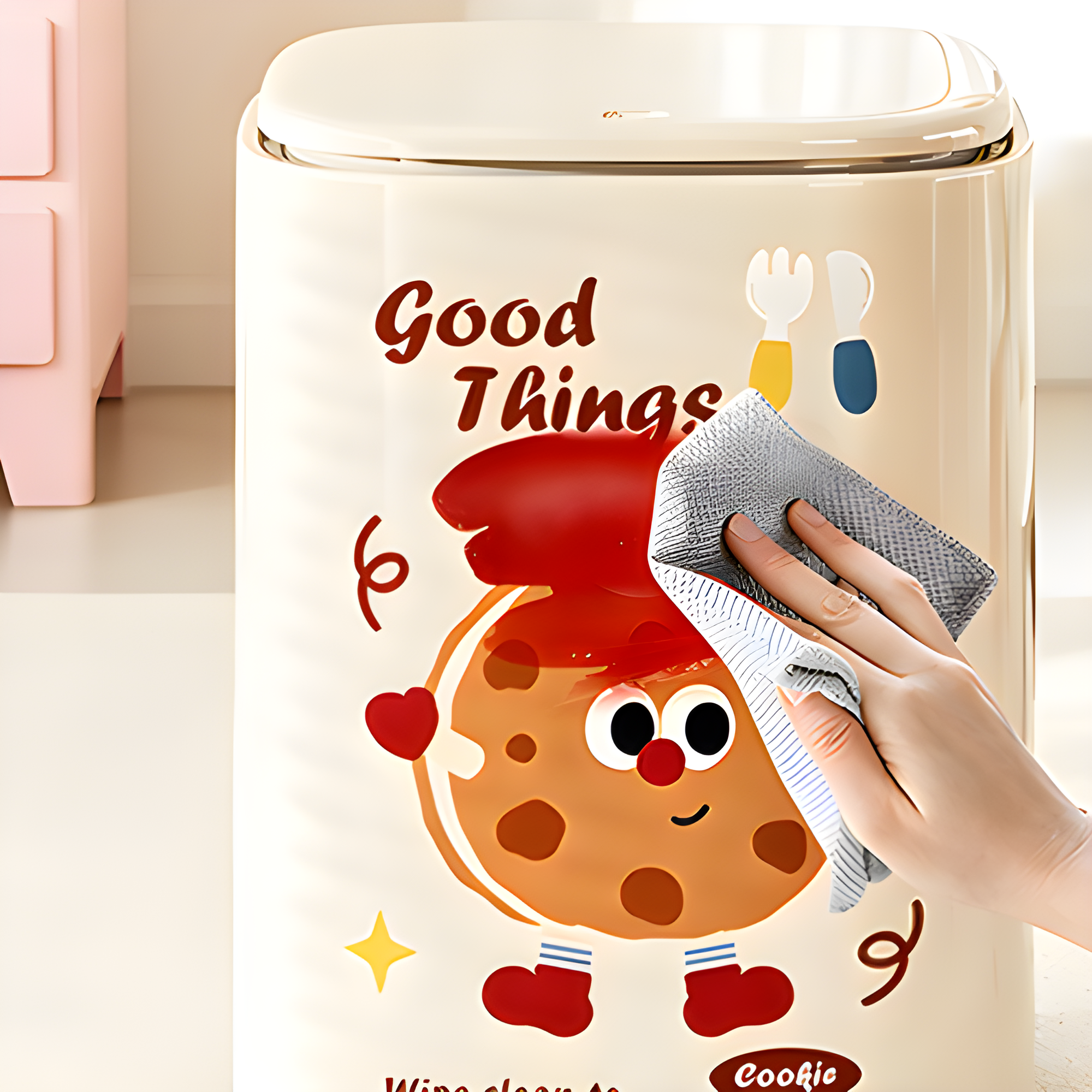 Cartoon Character Square Trash Can with Flip-Top Lid | Beige & Brown