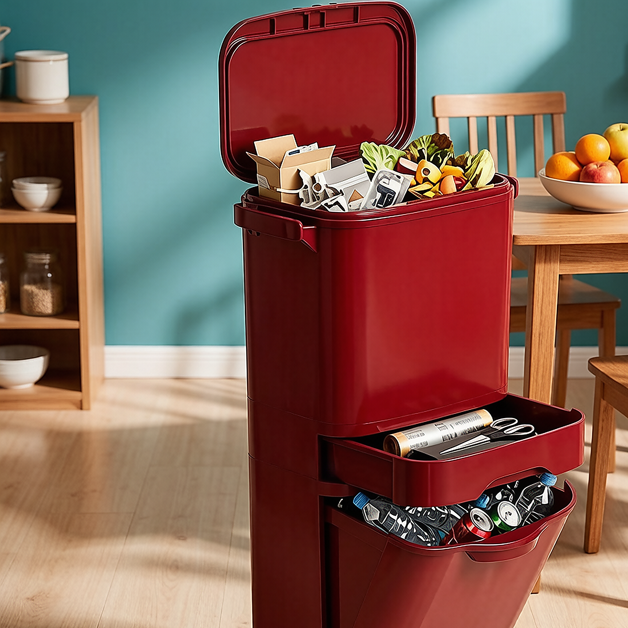 Classic Vertical Double-Layer Trash Can with Foot Pedal & Wheels | Burgundy & Cream