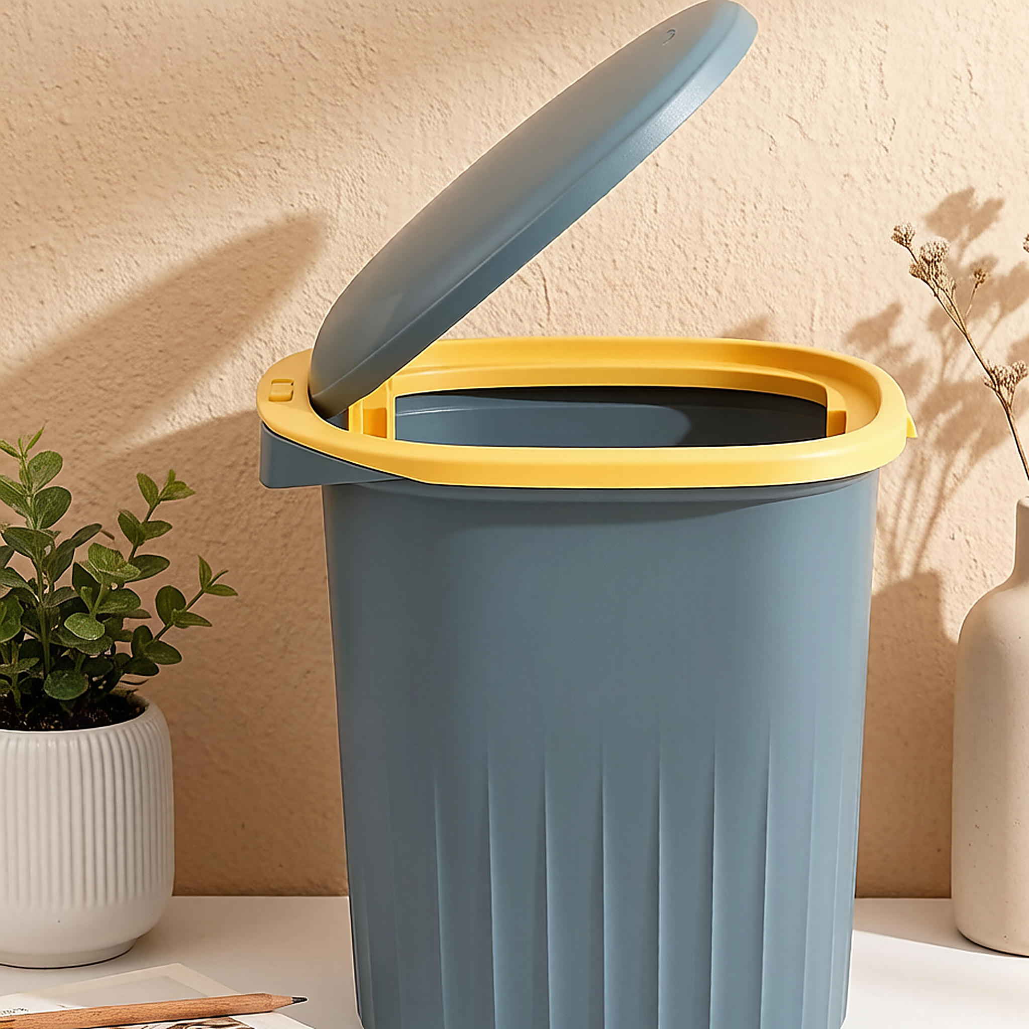 Heavy-Duty Textured Waste Bin with Yellow Rim | Dark Blue-Grey