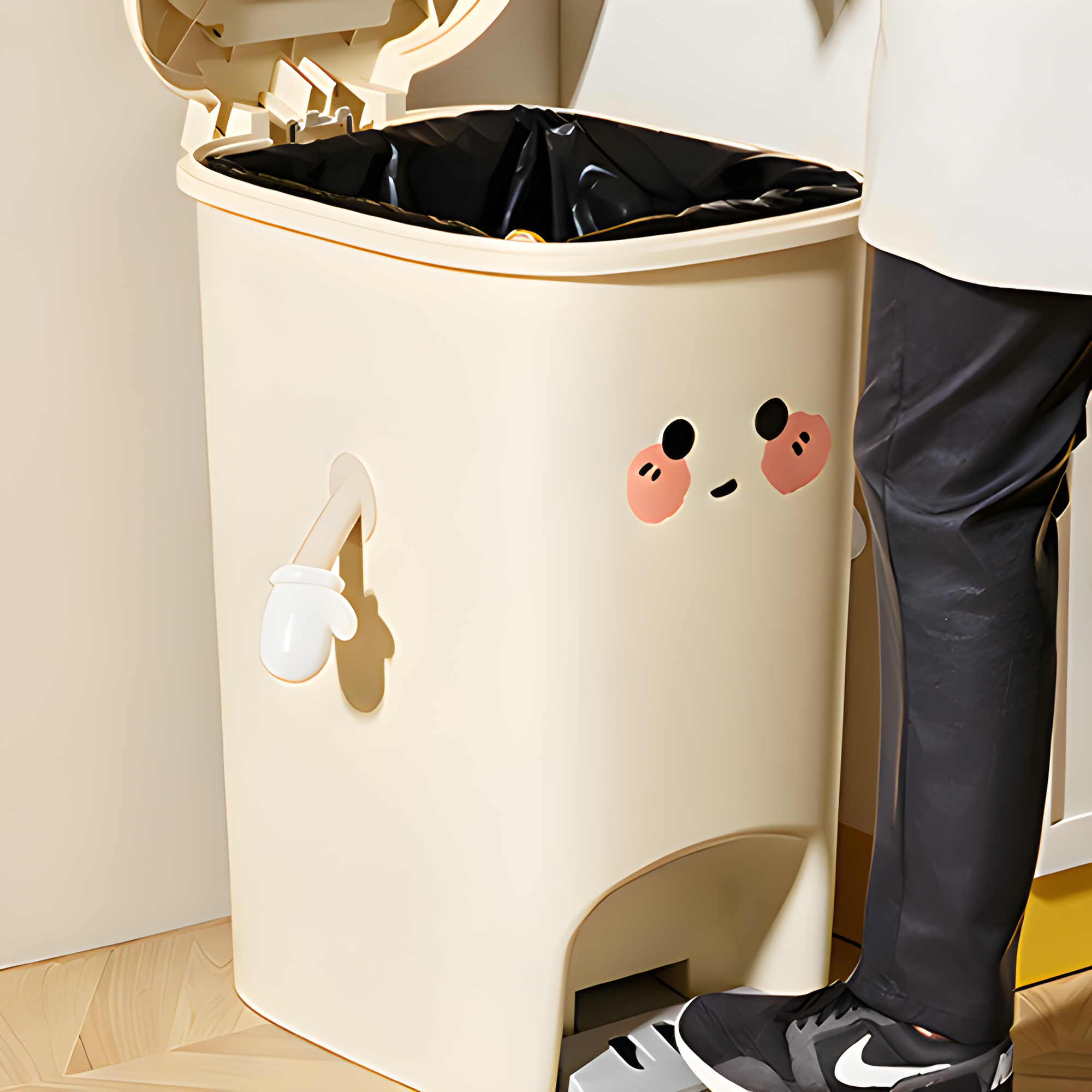 Cartoon Arms Step Trash Can with Glove Handles | Cream