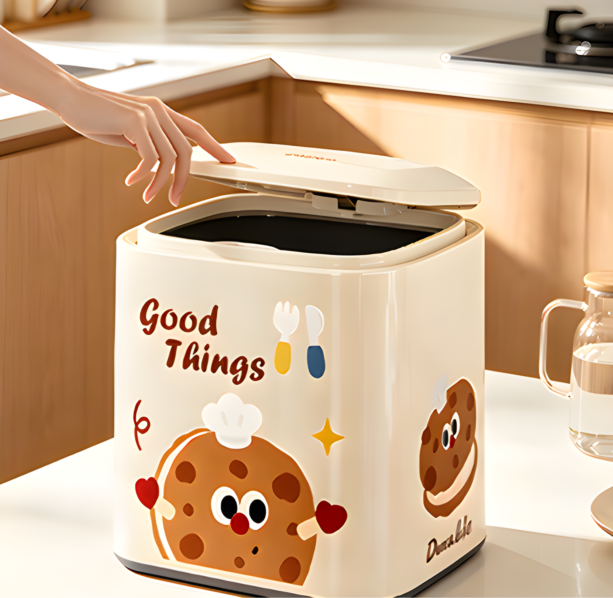 Cartoon Character Square Trash Can with Flip-Top Lid | Beige & Brown