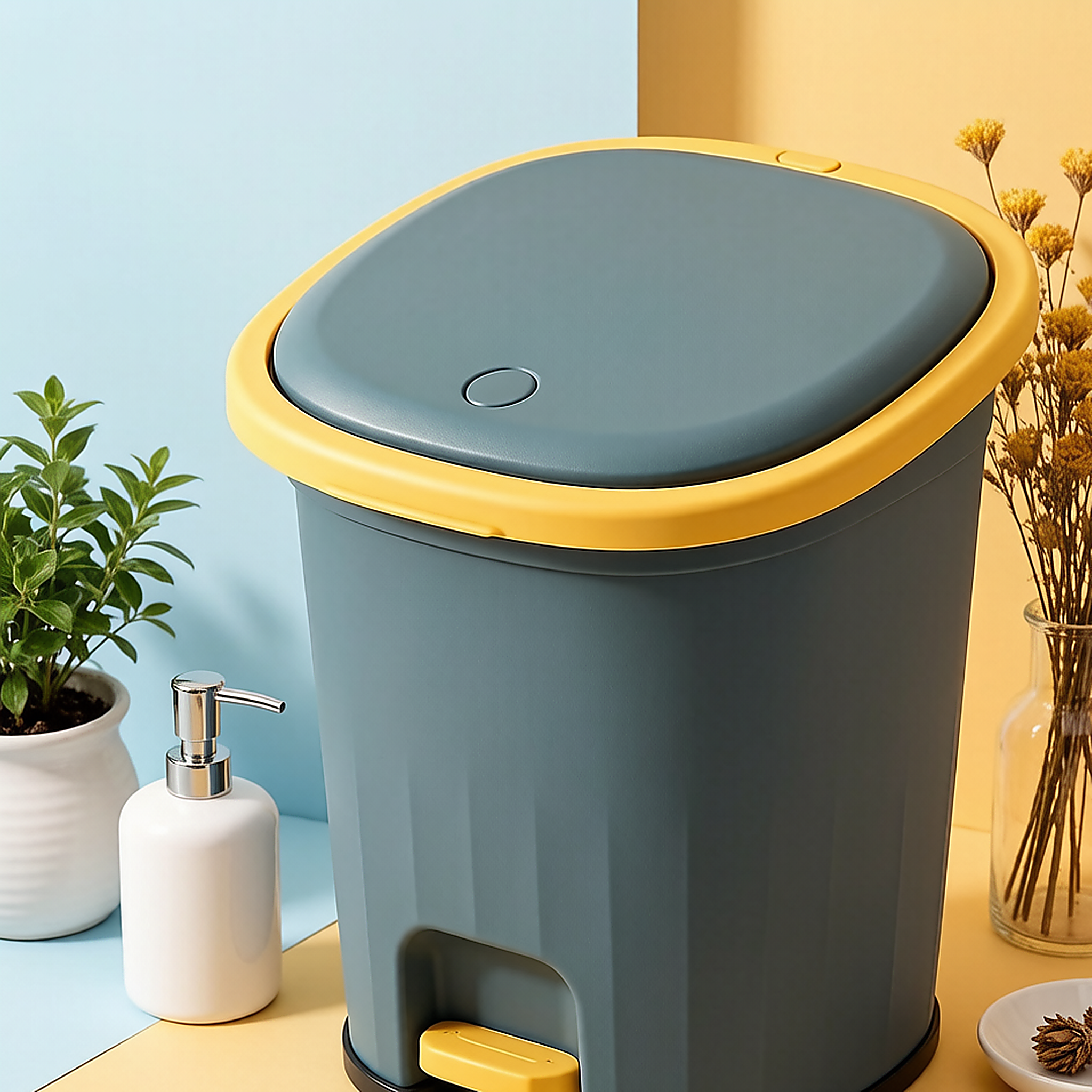Heavy-Duty Textured Waste Bin with Yellow Rim | Dark Blue-Grey