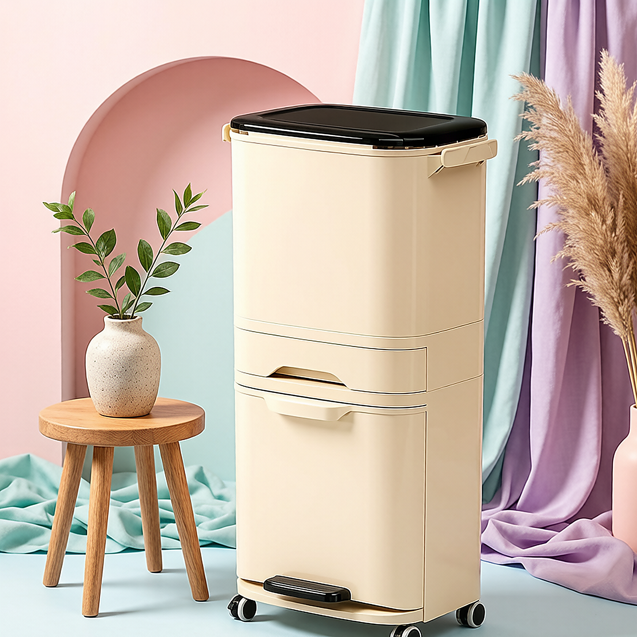 Classic Vertical Double-Layer Trash Can with Foot Pedal & Wheels | Burgundy & Cream